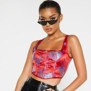 PLT PrettyLittleThing Red & Blue Floral Satin Brocade Zip Front Corset